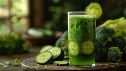 Broccoli and cucumber juice in a glass with fresh broccoli, offering a healthy and refreshing drink option packed with nutrients and vitamins, ideal for a detox or a healthy lifestyle choice.