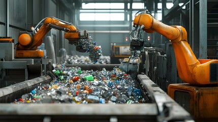 Poster - automated recycling sorting system robotic arms and sensors in action efficiently sorting and separa