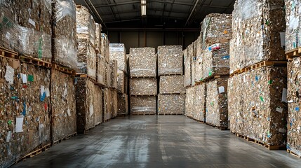 Poster - rows of large tightly compressed bales of recycled paper stacked neatly in a cavernous well lit ware