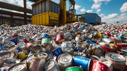 Poster - a photograph of crushed aluminum cans ready for recycling with visible machinery in the background s