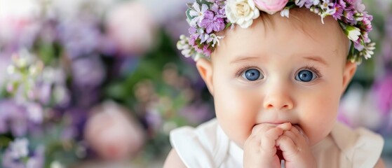 Wall Mural -  A baby girl wearing a flower crown gazes at the camera with hands in her mouth