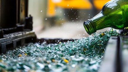 Poster - glass bottles being crushed and collected for efficient recycling process in an industrial facility