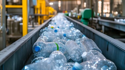 Poster - a photograph showcasing plastic bottles being sorted and moved along a conveyor belt at a recycling 