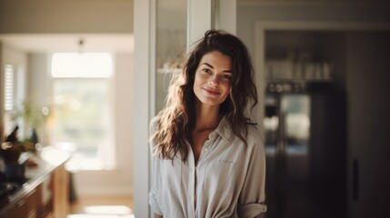 Wall Mural - attractive brunette standing in cozy home kitchen 