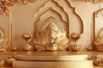 Festive, Luxury, golden, Podium, Showcase stage design for Product display. Indian traditional festival background,generative ai