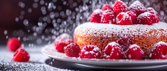 Wall Mural -  A tight shot of a cake on a plate, dusted with powdered sugar Strawberries adjacent