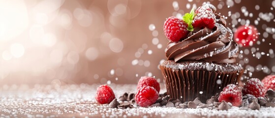 Wall Mural -  A chocolate cupcake with chocolate frosting and a red raspberry on top sits on a table, surrounded by powdered sugar sprinkles