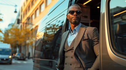 Businessman in front of luxury mobile office in van, downtoun