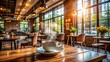 © Man888 - Cozy morning atmosphere in a modern cafe with warm lighting, wooden tables, and Steam rising from a freshly brewed cup of coffee.