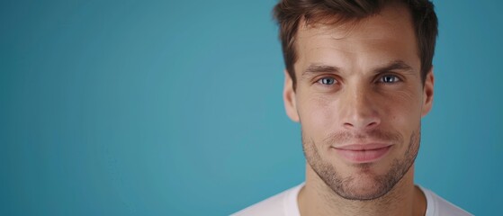 Wall Mural -  A tight shot of a man in a white shirt against a blue backdrop, with his face centrally featured