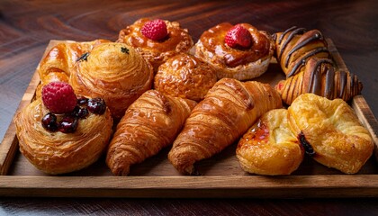 Wall Mural - A close-up image of a variety of freshly baked pastries, including flaky croissants