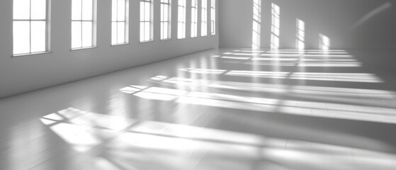 A lengthy line of windows align beside one another atop a hardwood floor, facing a pristine white wall
