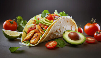 Wall Mural - Delicious Chicken Taco with Avocado, Tomato and Cilantro