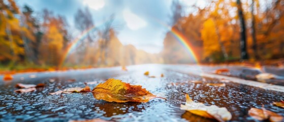 Wall Mural -  A wet road bears a solitary leaf In the backdrop, a rainbow arches over trees