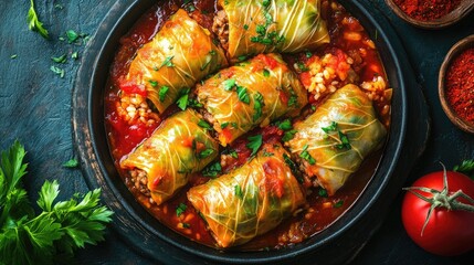 Wall Mural - Cabbage rolls with tomato sauce. Delicious and hearty meal for a family dinner.