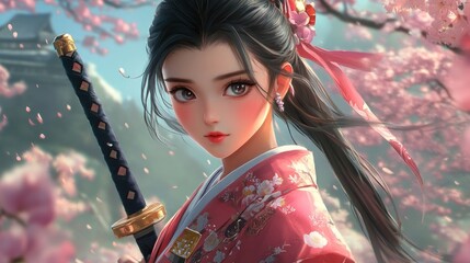 Young girl traditional samurai japanese anime face cute style background wallpaper AI generated image