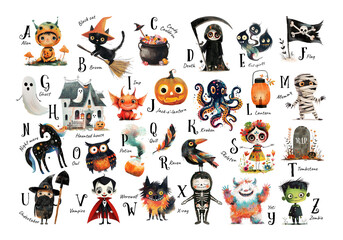 A poster for a nursery or preschool classroom featuring the alphabet and illustrations of Halloween, designed to teach little ones the alphabet. Watercolor illustration in pastel colors.