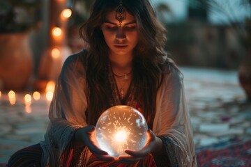 A woman in a cultural costume stands with a crystal ball, reflecting themes of tradition and mysticism, A fortune teller reading the future in a crystal ball, AI generated