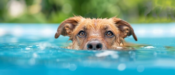  A sad-eyed dog gazes at the camera from a close-up in a pool of water