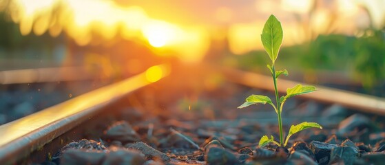  A young plant emerges from the ground before a rural train track, framed by a setting sun