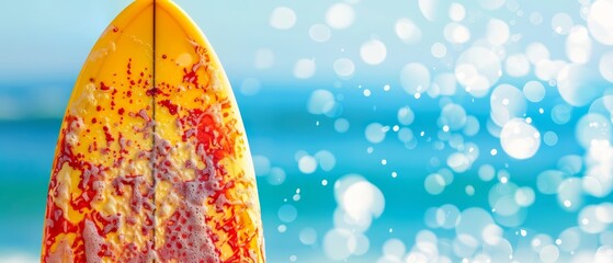  A tight shot of a yellow-red surfboard against a blue beach backdrop, with an ocean and blue sky in the distance