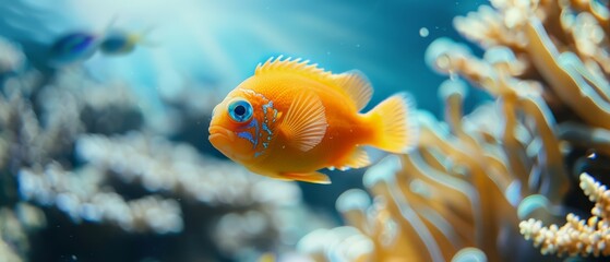 Canvas Print -  A tight shot of a fish near coral, surrounded by other swimmer fish in crystal-clear waters, with a coral backdrop