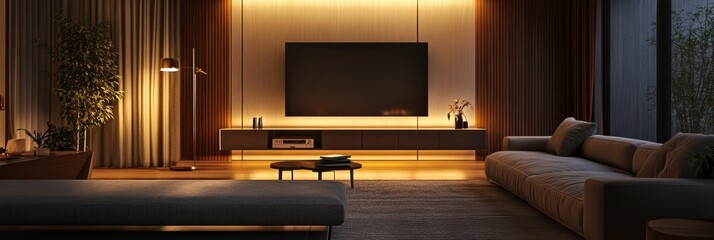 Mockup of LCD TV on white wall decorated with lights at night with comfortable sofa and carpet, living room in modern style house, 3D rendering