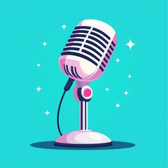 Retro-style microphone illustration on a turquoise background with sparkling stars, representing broadcasting, podcasting, and music.