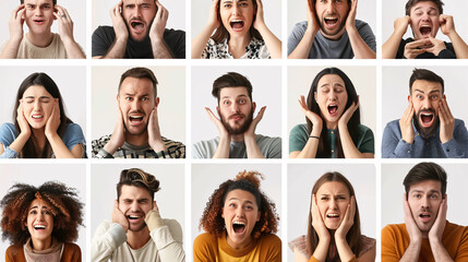 A collage of emotional people on a white background.