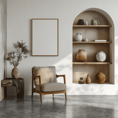 Wall Mural - Minimalist Room with Concrete Floor, Wooden Shelves, and Brown Armchair - Canvas Mockup