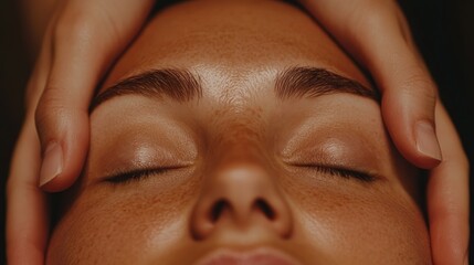 Wall Mural - The therapists hands gently pressing reflex points on the clients face with a calming natural background