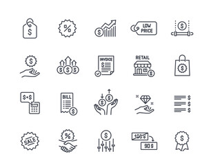 set of linear price icons. simple symbols with receipt, price tag, cost, sale and invoice. editable 