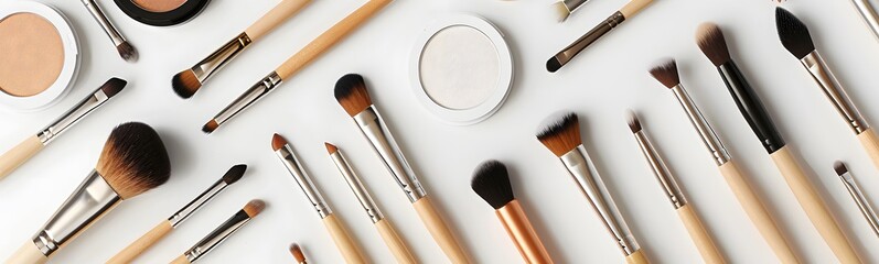 Wall Mural - Set of cosmetic products for makeup with natural brushes. 