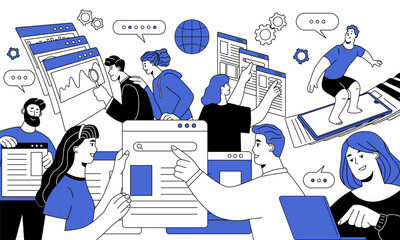 Poster - people surfing internet. happy characters chatting online, entering search query, finding informatio