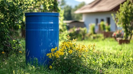 A blue barrel for collecting rainwater. Collecting rainwater in plastic container. Collecting rainwater for watering the garden. Ecological collection of water for crop irrigation.