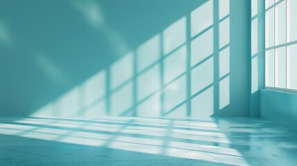 Poster - This minimalistic area features soothing light blue walls and expansive windows casting gentle shadows on the floor, creating a peaceful atmosphere. Natural light enhances the tranquility