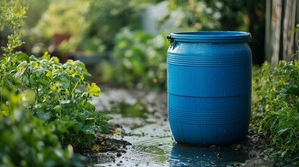 A blue barrel for collecting rainwater. Collecting rainwater in plastic container. Collecting rainwater for watering the garden. Ecological collection of water for crop irrigation.