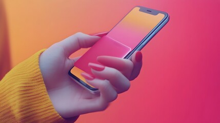 Poster - Closeup of Hand Using Mobile Touchscreen Phone on Colorful Minimalist Background