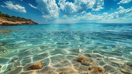 Wall Mural - Crystal clear sea water bay. Pristine ocean lagoon sunny cloudy sky, idyllic relaxing seascape.