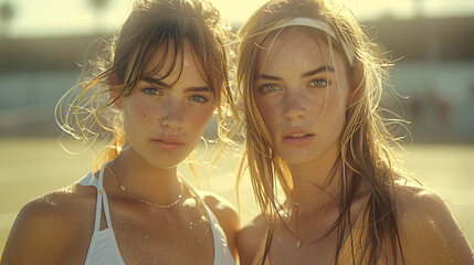 Two young women in swimwear stand confidently under the sun, exuding beauty and strength at a beach or poolside setting.