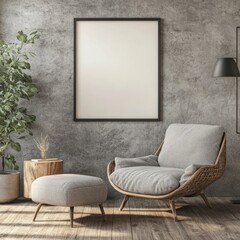 Mockup frame in home office interior background, mid-century modern style in loft, 3d render ，Stylish Loft Home Office: 3D Rendered Mid-Century Modern Interior with Mockup Frame. Abstract Creative Des