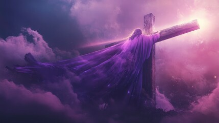 Wall Mural - Flowing Purple Robe On Wooden Cross With Light From Heaven Shining Through The Clouds - The Resurrection And Ascension Of Jesus Christ with generative ai