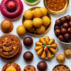  Indian Sweet Delights, A vibrant image of a selection of traditional Indian desserts, All beautifully arranged on a white background,