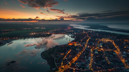 Wall Mural - Evening aerial view over the city of stavoren