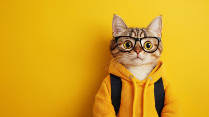 A cat wearing glasses and a yellow jacket stands in front of a yellow wall