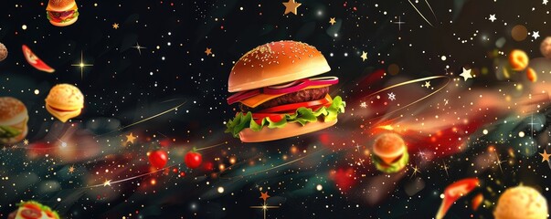 Artistic illustration of a burger floating in space