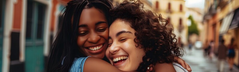 Two young women are having fun and friends are hugging each other.Two happy affectionate young woman hugging each other in a close embrace while laughing and smiling, young multiracial female friends.