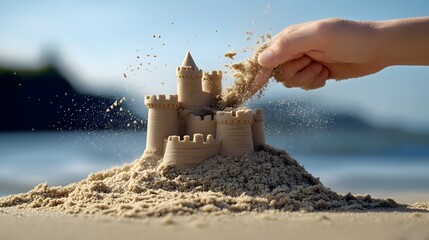 Hand Smashing a Sandcastle: A hand smashing a sandcastle on the beach, with sand flying.
