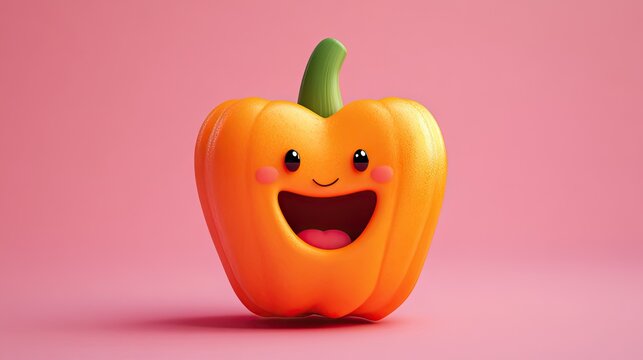 A fresh and lively 3D cartoon bell pepper in vibrant orange, grinning on a soft pink background, representing a healthy and joyful lifestyle.
