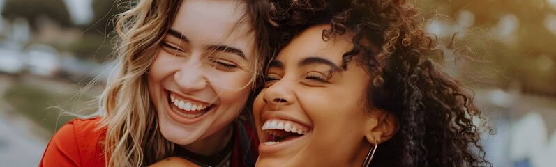 Two young women are having fun and friends are hugging each other.Two happy affectionate young woman hugging each other in a close embrace while laughing and smiling, young multiracial female friends.